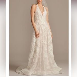 Oleg Cassini beaded lace halter a-line wedding dress. NWT.